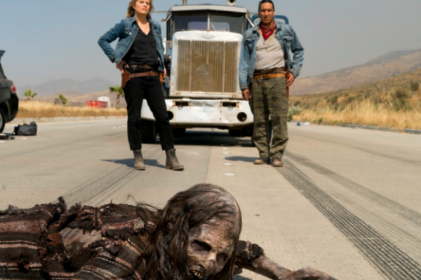 Kim Dickens as Madison Clark and Michael Greyeyes as Qaletqa Walker with a zombie in the Fear The Walking Dead Midseason Premiere